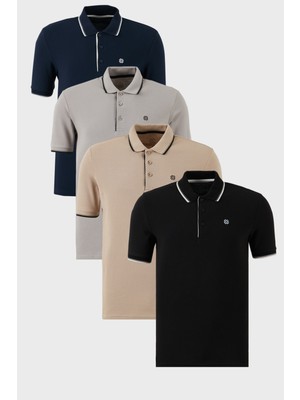 Buratti Pamuklu Slim Fit Şerit Detaylı Düğmeli Polo Yaka 4'lü Paket T Shirt Erkek T Shirt 5902118S4