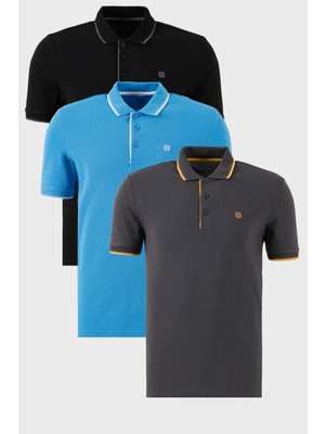 Buratti Pamuklu Slim Fit Şerit Detaylı Düğmeli Polo Yaka 3'lü Paket T Shirt Erkek T Shirt 5902118S3
