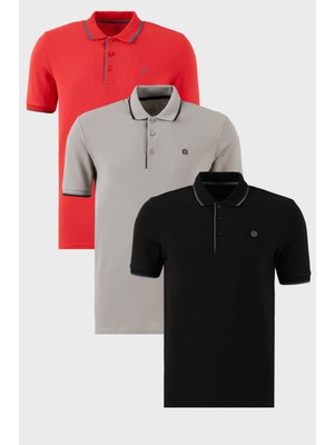 Buratti Pamuklu Slim Fit Şerit Detaylı Düğmeli Polo Yaka 3'lü Paket T Shirt Erkek T Shirt 5902118S3