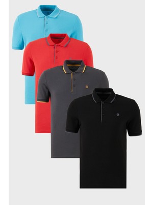 Buratti Pamuklu Slim Fit Şerit Detaylı Düğmeli Polo Yaka 4'lü Paket T Shirt Erkek T Shirt 5902118S4