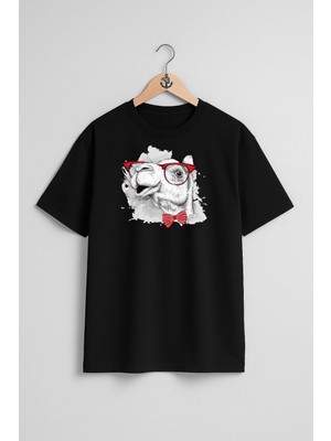 Oversize Komik Deve ve Gözlük ve Papyon Göğüs Tasarımlı Unisex T-Shirt