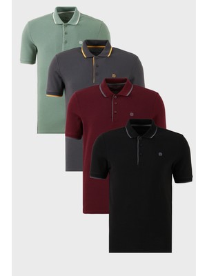 Buratti Pamuklu Slim Fit Şerit Detaylı Düğmeli Polo Yaka 4'lü Paket T Shirt Erkek T Shirt 5902118S4