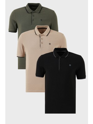 Buratti Pamuklu Slim Fit Şerit Detaylı Düğmeli Polo Yaka 3'lü Paket T Shirt Erkek T Shirt 5902118S3