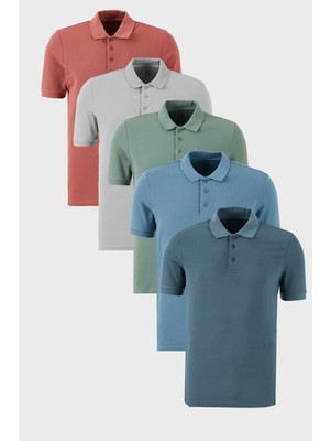 Buratti Pamuklu Regular Fit Düğmeli Polo Yaka 5'li Paket T Shirt Erkek T Shirt 5902127S5