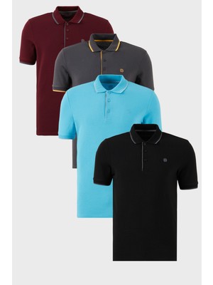 Buratti Pamuklu Slim Fit Şerit Detaylı Düğmeli Polo Yaka 4'lü Paket T Shirt Erkek T Shirt 5902118S4