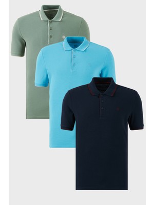 Buratti Pamuklu Slim Fit Şerit Detaylı Düğmeli Polo Yaka 3'lü Paket T Shirt Erkek T Shirt 5902118S3