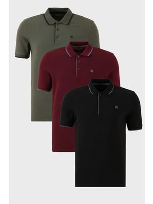 Buratti Pamuklu Slim Fit Şerit Detaylı Düğmeli Polo Yaka 3'lü Paket T Shirt Erkek T Shirt 5902118S3