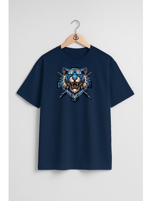 Oversize E Sport Logo Blue Tiger Göğüs Tasarımlı Unisex T-Shirt