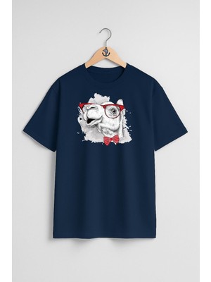 Oversize Komik Deve ve Gözlük ve Papyon Göğüs Tasarımlı Unisex T-Shirt