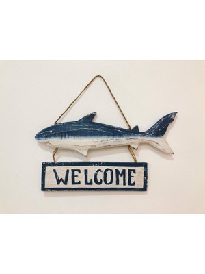 Mavi Balık Figürlü Ahşap Hoşgeldiniz Duvar Süsü Balkon Süsü