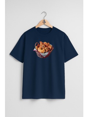 Oversize Croissant Bread Kruvasan Sepeti Göğüs Tasarımlı Unisex T-Shirt