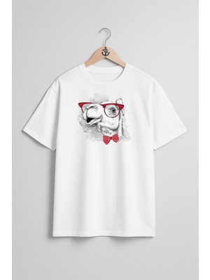 Oversize Komik Deve ve Gözlük ve Papyon Göğüs Tasarımlı Unisex T-Shirt