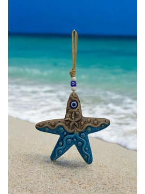 Mavi Deniz Yıldızı Seramik Duvar Süsü, Boncuklu ve Kumsal Temalı Dekorasyon