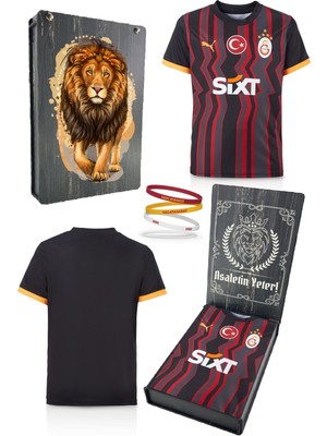 Galatasaray Orijinal Lisanslı 2024/25 Alternatif Siyah Taraftar Forma Spor Bileklik Set Hediyelik Ahşap Kutulu