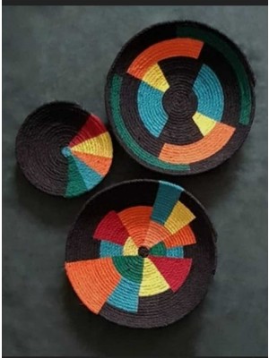 El Yapımı Renkli Afrika Etnik Hasır Tabak Seti Bohem Duvar Dekoru