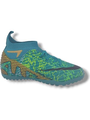 Laliga 595 Erkek Çocuk Turkuaz Altın Desenli Çoraplı Halı Saha Ayakkabı