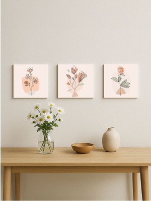 Şık Çiçek Desenli 3'lü Ahşap Tablo Seti, Beyaz Renkli Dekoratif Sanat Eseri