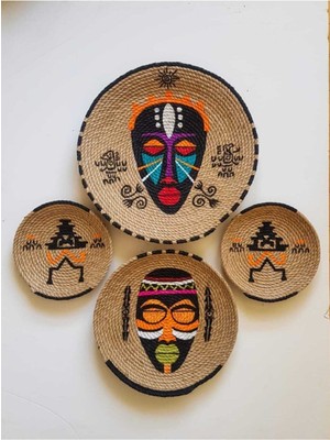 El Yapımı Renkli Afrika Etnik Hasır Tabak Seti Bohem Duvar Dekoru