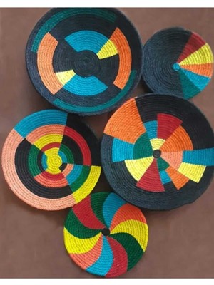 El Yapımı Renkli Etnik Hasır Tabak Seti Bohem Duvar Dekoru