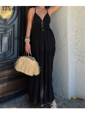 Askılı Dökümlü Şık Midi Elbise Günlük Keten