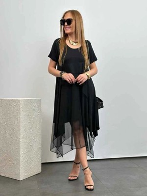 Kadın Viskon Kumaş Tül Detaylı Asimetrik Elbise