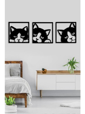 Kedi Temalı 3 Parçalı Mdf Ahşap Duvar Dekoru Siyah Renkli