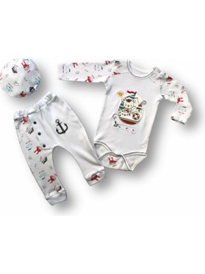 3-6 6-9 9-12 Ay Minik Korsan Nakışlı Şapkalı Uzun Kollu Zıbınlı 3lü Kız-Erkek Bebek Takımı Ekru