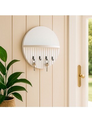 Ahşap Duvar Anahtarlık Askısı, Raflı ve Kancalı Dekoratif Yuvarlak Tasarım