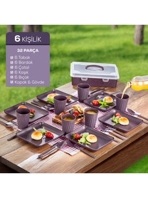 32 Parça 6 Kişilik Taşınabilir Piknik Seti - Saklama Kutulu Mor