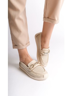 Lıly Bağcıksız Ortopedik Rahat Taban Kalp Desenli Kadın Babet Ayakkabı  Ckt - Krem