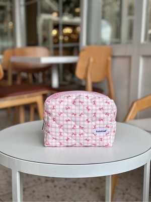 Pembe Pötikare Kurdele Desenli Makyaj Çantası - Büyük Boy