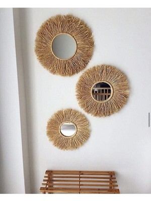 El Yapımı 3'lü Aynalı Rafya Duvar Süsü, Lacivert, Şık ve Sıcak Dekorasyon.