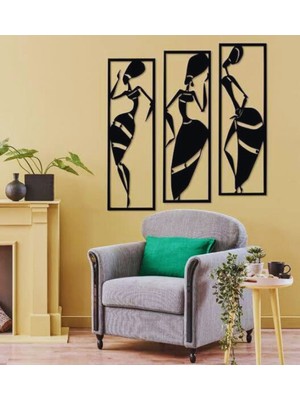 3'lü Bohem Kadın Metal Duvar Süsü, Siyah, Şık ve Modern Dekorasyon Parçası