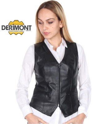 Hakiki Deri Siyah Casual Fermuarlı Kadın Deri Yelek