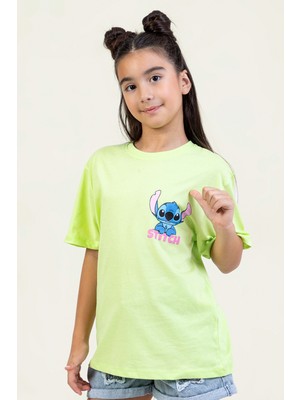 Kız Çocuk Stitch Baskılı T-Shirt Rahat Kalıp