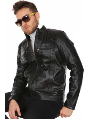 Hakiki Deri Siyah Casual Işlemeli Fermuarlı Erkek Deri Ceket