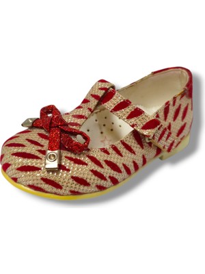 Miss Jr 3088-20 Zebra Desen Fiyonklu Kız Çocuk Babet Kırmızı Beyaz