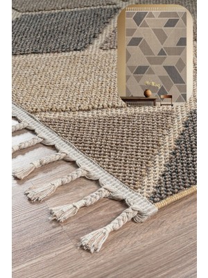 Roma Bej Kahve Yumuşak Bukleli ve Püsküllü Makine Dokuma Halı Oturma Odası Salon Mutfak Antre