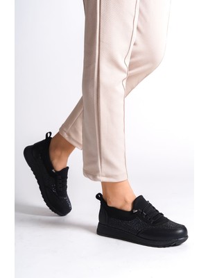 Vıolet Bağcıklı Lastikli Ortopedik Rahat Taban Taş Detaylı Klasik Kadın Babet Anne Ayakkabısı  Cst - Siyah