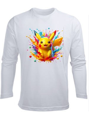 Uzun Kollu Pikachu Pokemon Renkli Arkafon Baskılı Renkli Pamuklu Çocuk Tişört