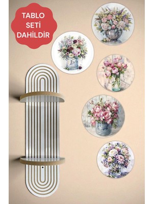 Beyaz Oval 5 Parça Duvar Rafı ve Dekoratif Tablo Seti