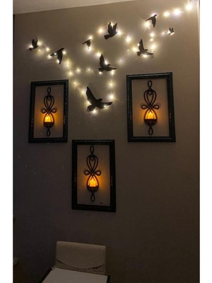 Ahşap Dekoratif Kuş Seti ve 5 Metre Beyaz LED Işık Aydınlatma