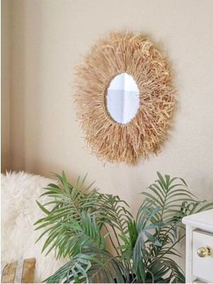 Haki Renkli Tekli Rafya Ayna Duvar Dekoru, Şık ve Modern Tasarım