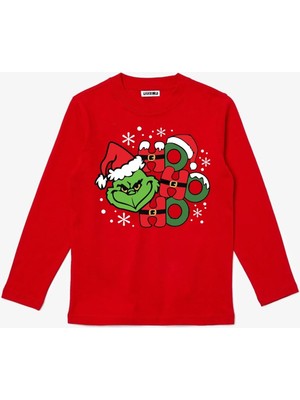 Uzun Kollu Ho Ho Ho Grinch Baskılı Christmas Baskılı Yenil Yıl Çocuk Pamuklu Tişört