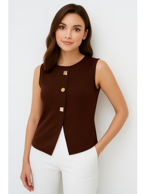 Bisiklet Yaka Düğme Detaylı Dokuma Bluz