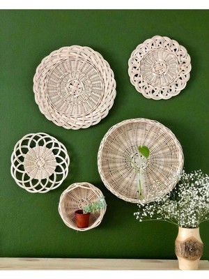 5 Parça Rattan Bambu Hasır Duvar Sepeti ve Süsü, Bohem Tarz Bej Dekorasyon Seti