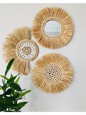Renkli 3'lü Ayna Seti, Duvar Süsü, Boncuk ve Hasır Detaylar, El Yapımı Dekor