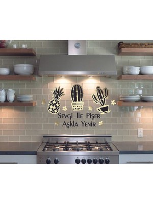 Şık Ahşap Kaktüs ve Ananas Mutfak Süsü, Siyah Renkli Dekorasyon Parçası