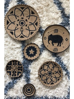 6'lı Bohem Afrika Etnik Hasır Duvar Tabak Seti, Gri, Şık ve Doğal Dekorasyon Için Ideal