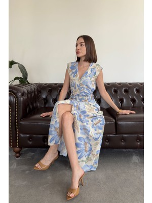 Doğa Çağrısı - Gömlek Yaka Düğmeli Kemerli Keten Elbise- Mavi